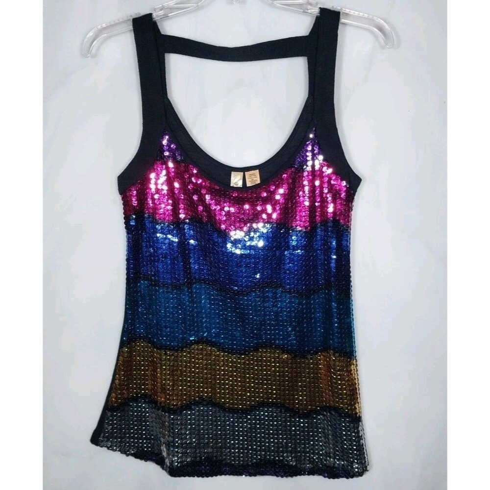 Eyeshadow Rainbow Sequin Tank Top Sz M Y2K Disco Glam Party Festival Racerback